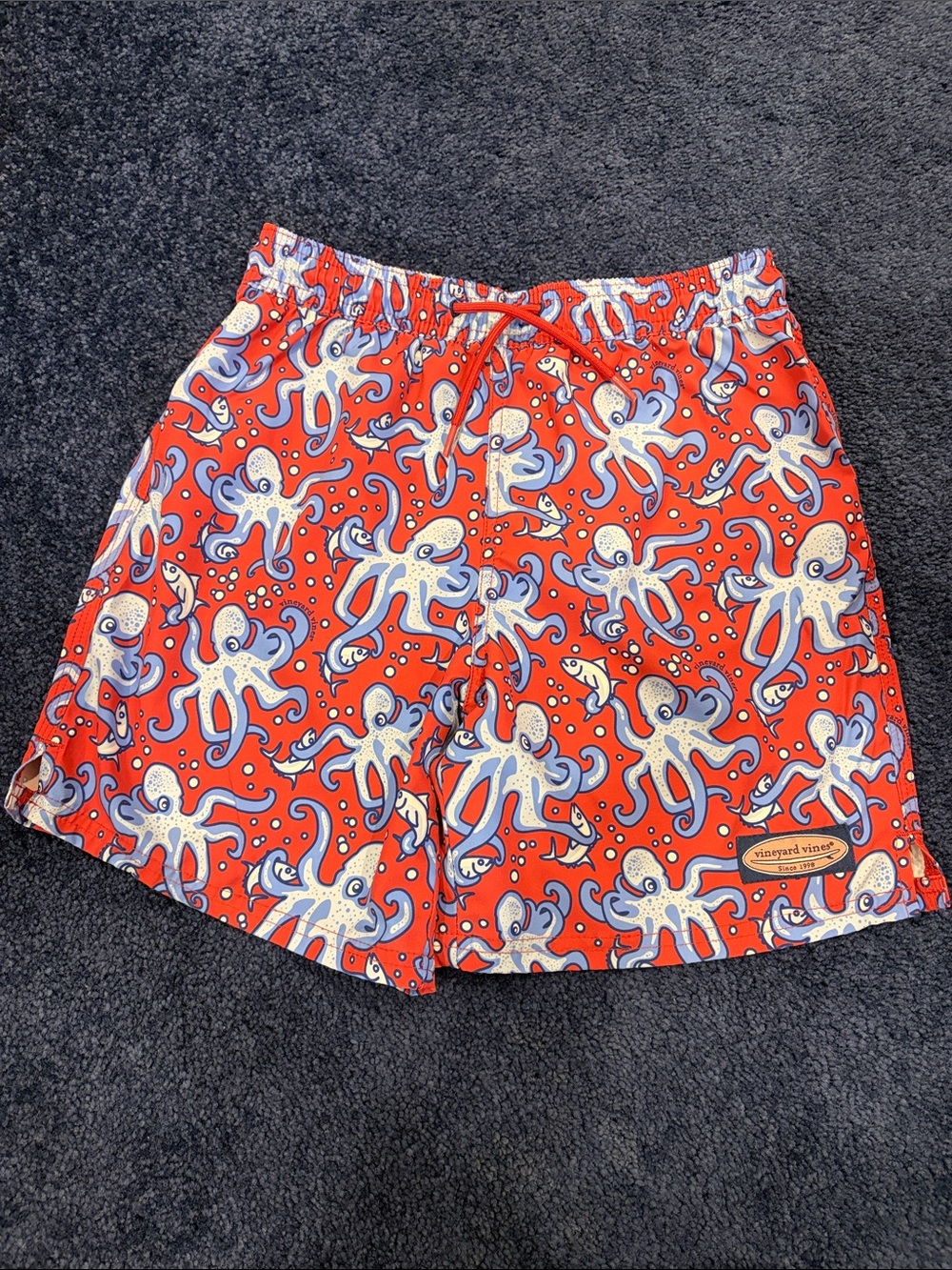 Vineyard Vines Kids Red Octopus Swim Trunks with White and Blue Print